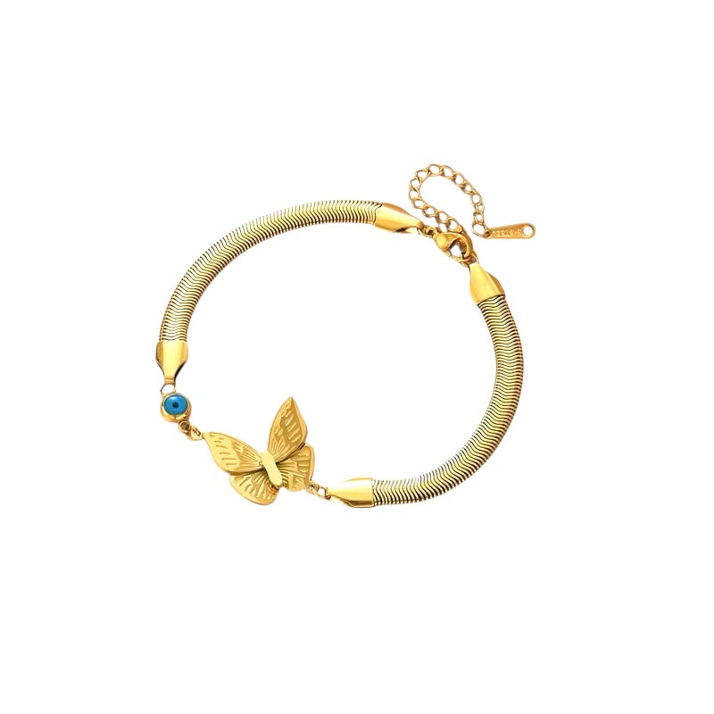 Gold Three Dimensional Evil Eye & Butterfly Duo Snake Style Bracelet