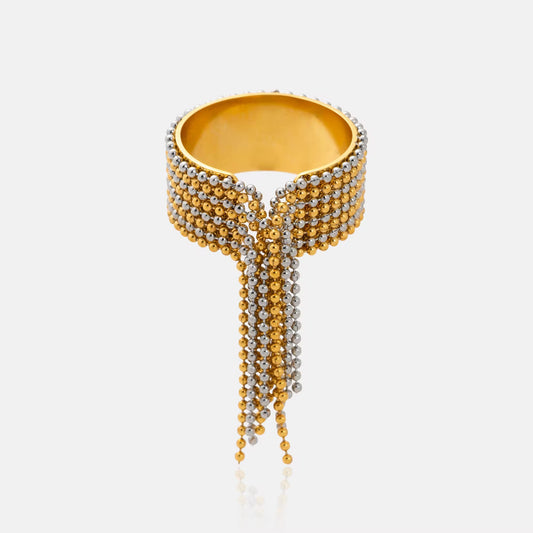 Gold and Silver Beaded Tassel Adjustable Ring
