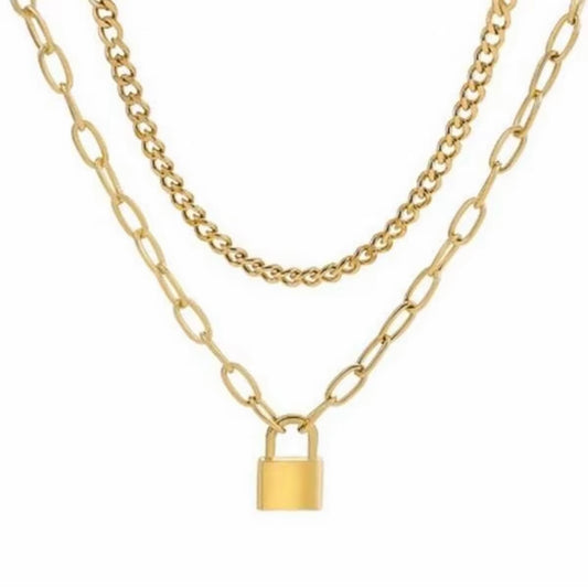 Double Layered Gold Lock Chain Necklace