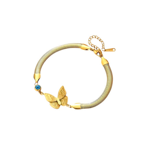Gold Three Dimensional Evil Eye & Butterfly Duo Snake Style Bracelet